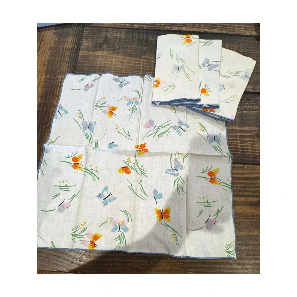 Vera Butterfly Napkins White Blue Orange Set of 4 Vintage Cotton 16x16 3806